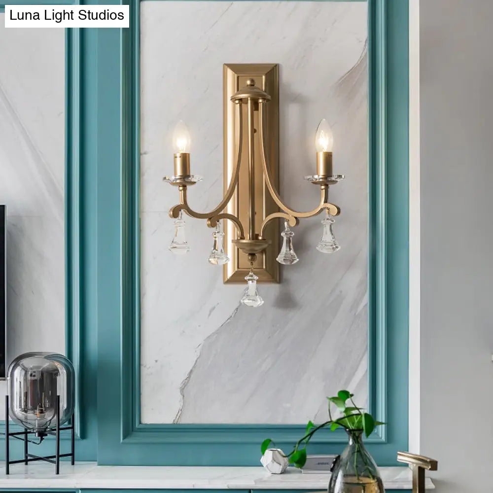 Rustic 2-Bulb Metal Wall Lamp In Gold With Clear Crystal Drop - Elegant Candle Sconce Light