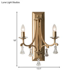 Rustic 2-Bulb Metal Wall Lamp In Gold With Clear Crystal Drop - Elegant Candle Sconce Light