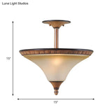 Rustic 2-Head Semi Flush Wood Ceiling Lamp With Tan Glass - Farmhouse Cone Lighting Fixture