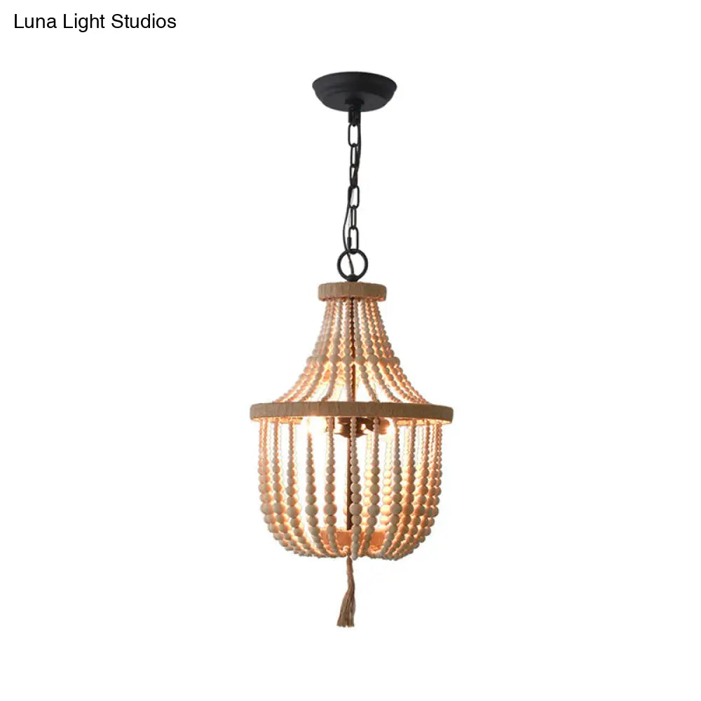 Rustic 2-Head Wood Pendant Chandelier: Handcrafted Beaded Basket Lamp For Restaurants