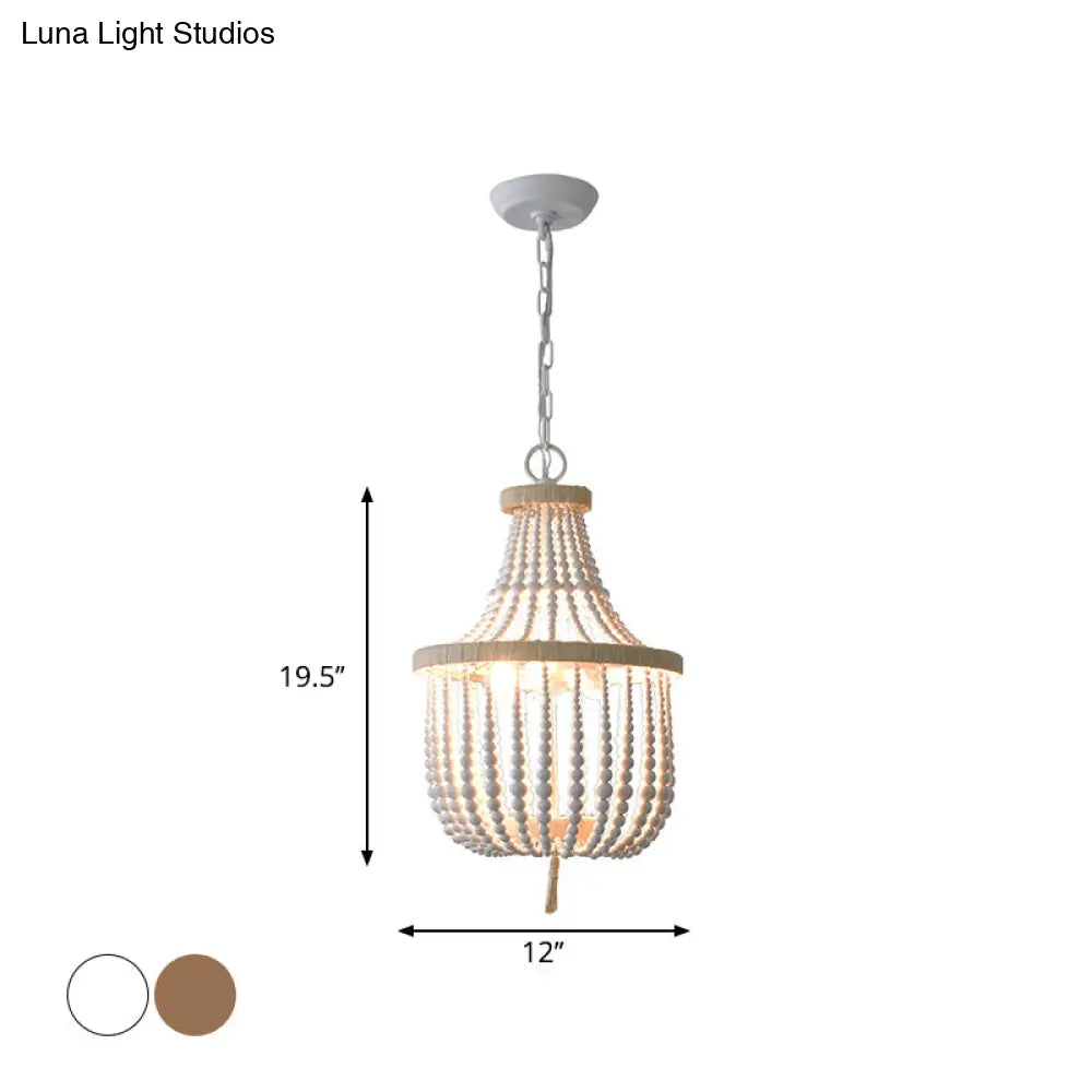 Rustic 2-Head Wood Pendant Chandelier: Handcrafted Beaded Basket Lamp For Restaurants