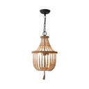 Rustic 2-Head Wood Pendant Chandelier: Handcrafted Beaded Basket Lamp For Restaurants Beige