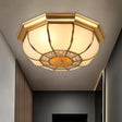 Rustic 3 - Bulb Flush Mount With Countryside Bowl And Frosted Glass Ceiling Lighting In Brass