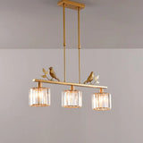 Rustic 3-Head Cylindrical Crystal Island Lighting For Dining Room With Bird And Leaf Decor Gold