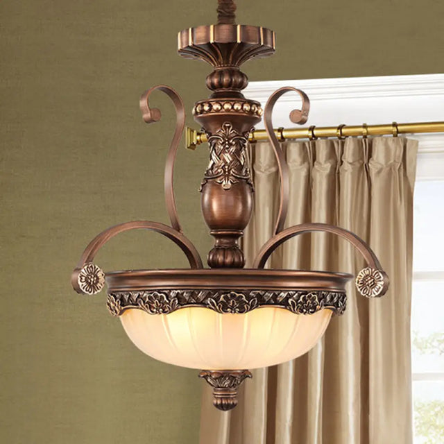 Rustic 3-Head Ribbed Glass Chandelier Suspension Light - Bronze