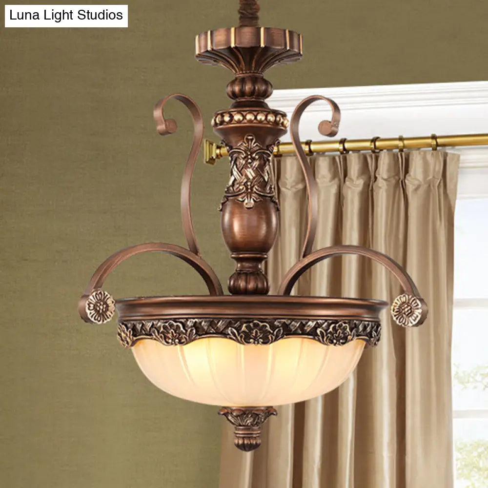 Rustic 3-Head Ribbed Glass Chandelier Suspension Light - Bronze