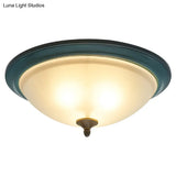 Rustic 3 - Light Bedroom Ceiling Lamp: Frosted White Glass Bowl Flush With Blue Accents