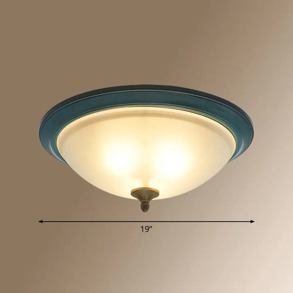 Rustic 3-Light Bedroom Ceiling Lamp: Frosted White Glass Bowl Flush With Blue Accents