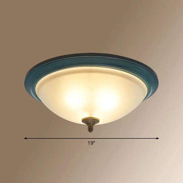 Rustic 3-Light Bedroom Ceiling Lamp: Frosted White Glass Bowl Flush With Blue Accents