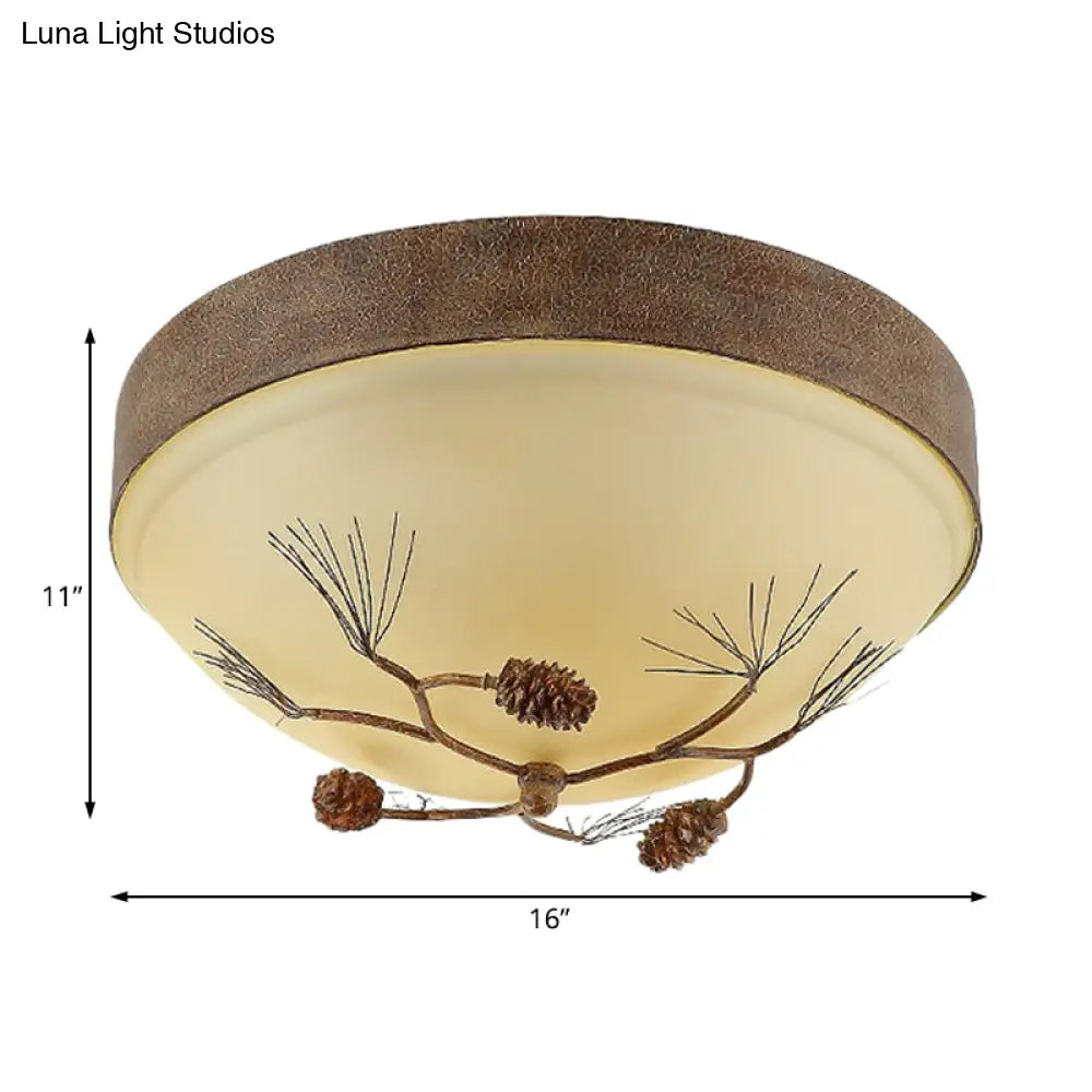 Rustic 3 - Light Ceiling Mount With Frosted Glass Bowl For Corridor - Pinecone Accent Included