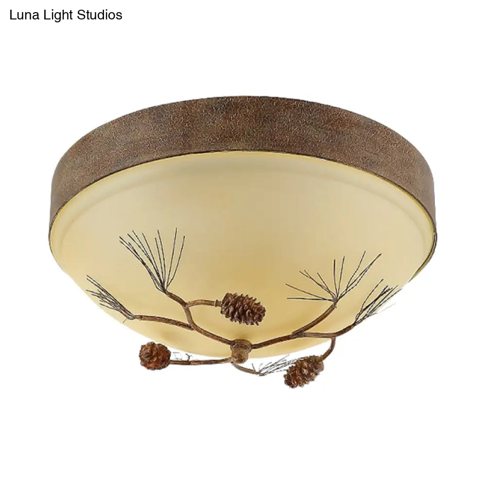 Rustic 3 - Light Ceiling Mount With Frosted Glass Bowl For Corridor - Pinecone Accent Included