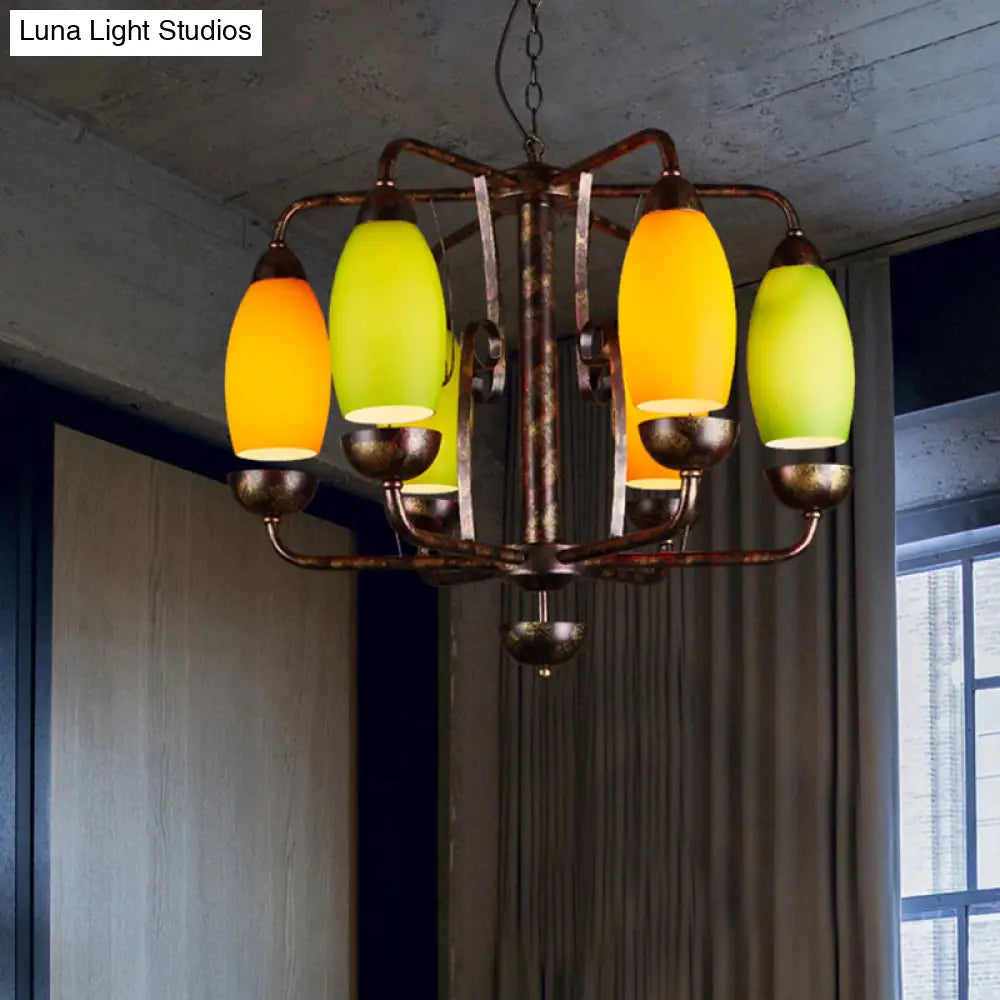 Rustic 6-Light Chandelier With Orange And Green Glass Shades - Perfect Bar Pendant Lamp