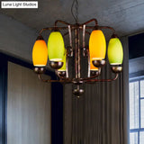 Rustic 6-Light Chandelier With Orange And Green Glass Shades - Perfect Bar Pendant Lamp