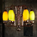 Rustic 6-Light Chandelier With Orange And Green Glass Shades - Perfect Bar Pendant Lamp Rust