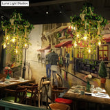 Rustic 6-Light Metal Pendant Chandelier With Cage And Fake Plant For Restaurants