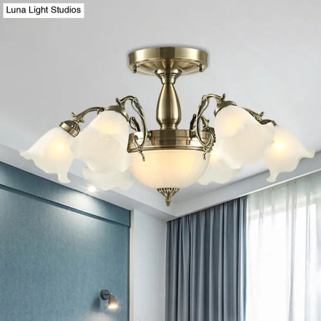Rustic 8-Bulb Semi Mount Ceiling Lamp With Scroll Arm - Bronze/Brass/Copper Finish And Milky Glass