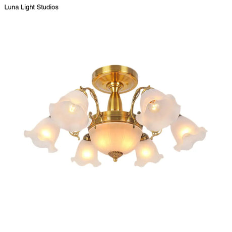 Rustic 8-Bulb Semi Mount Ceiling Lamp With Scroll Arm - Bronze/Brass/Copper Finish And Milky Glass