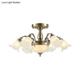 Rustic 8-Bulb Semi Mount Ceiling Lamp With Scroll Arm - Bronze/Brass/Copper Finish And Milky Glass