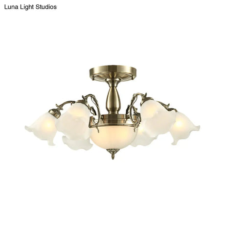 Rustic 8-Bulb Semi Mount Ceiling Lamp With Scroll Arm - Bronze/Brass/Copper Finish And Milky Glass