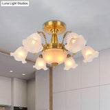 Rustic 8-Bulb Semi Mount Ceiling Lamp With Scroll Arm - Bronze/Brass/Copper Finish And Milky Glass