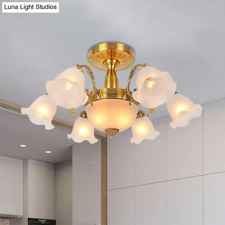 Rustic 8-Bulb Semi Mount Ceiling Lamp With Scroll Arm - Bronze/Brass/Copper Finish And Milky Glass