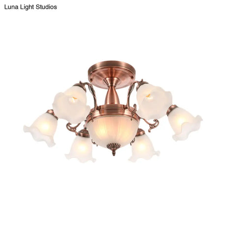 Rustic 8-Bulb Semi Mount Ceiling Lamp With Scroll Arm - Bronze/Brass/Copper Finish And Milky Glass