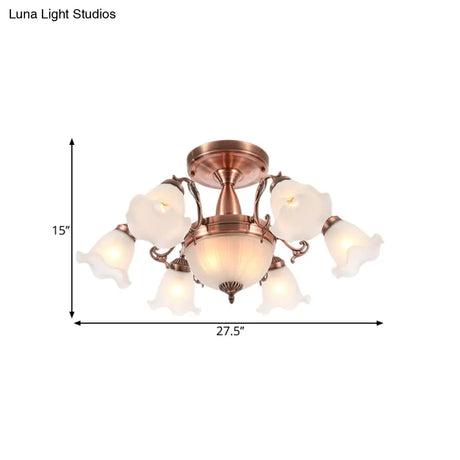 Rustic 8-Bulb Semi Mount Ceiling Lamp With Scroll Arm - Bronze/Brass/Copper Finish And Milky Glass