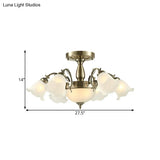 Rustic 8-Bulb Semi Mount Ceiling Lamp With Scroll Arm - Bronze/Brass/Copper Finish And Milky Glass