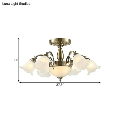 Rustic 8-Bulb Semi Mount Ceiling Lamp With Scroll Arm - Bronze/Brass/Copper Finish And Milky Glass