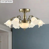 Rustic 8-Bulb Semi Mount Ceiling Lamp With Scroll Arm - Bronze/Brass/Copper Finish And Milky Glass