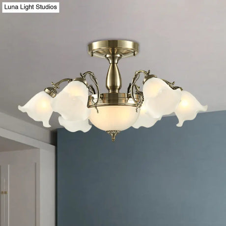 Rustic 8-Bulb Semi Mount Ceiling Lamp With Scroll Arm - Bronze/Brass/Copper Finish And Milky Glass