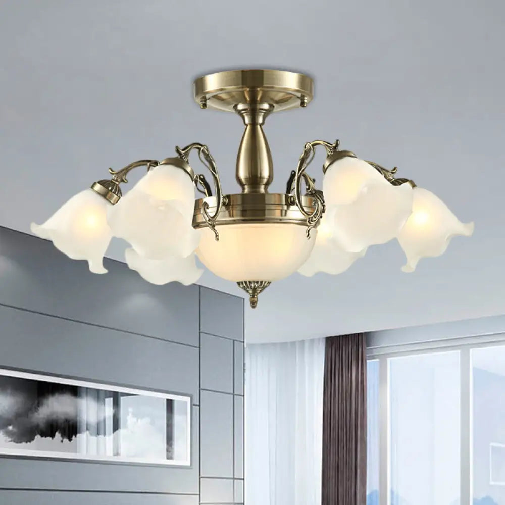 Rustic 8-Bulb Semi Mount Ceiling Lamp With Scroll Arm - Bronze/Brass/Copper Finish And Milky Glass