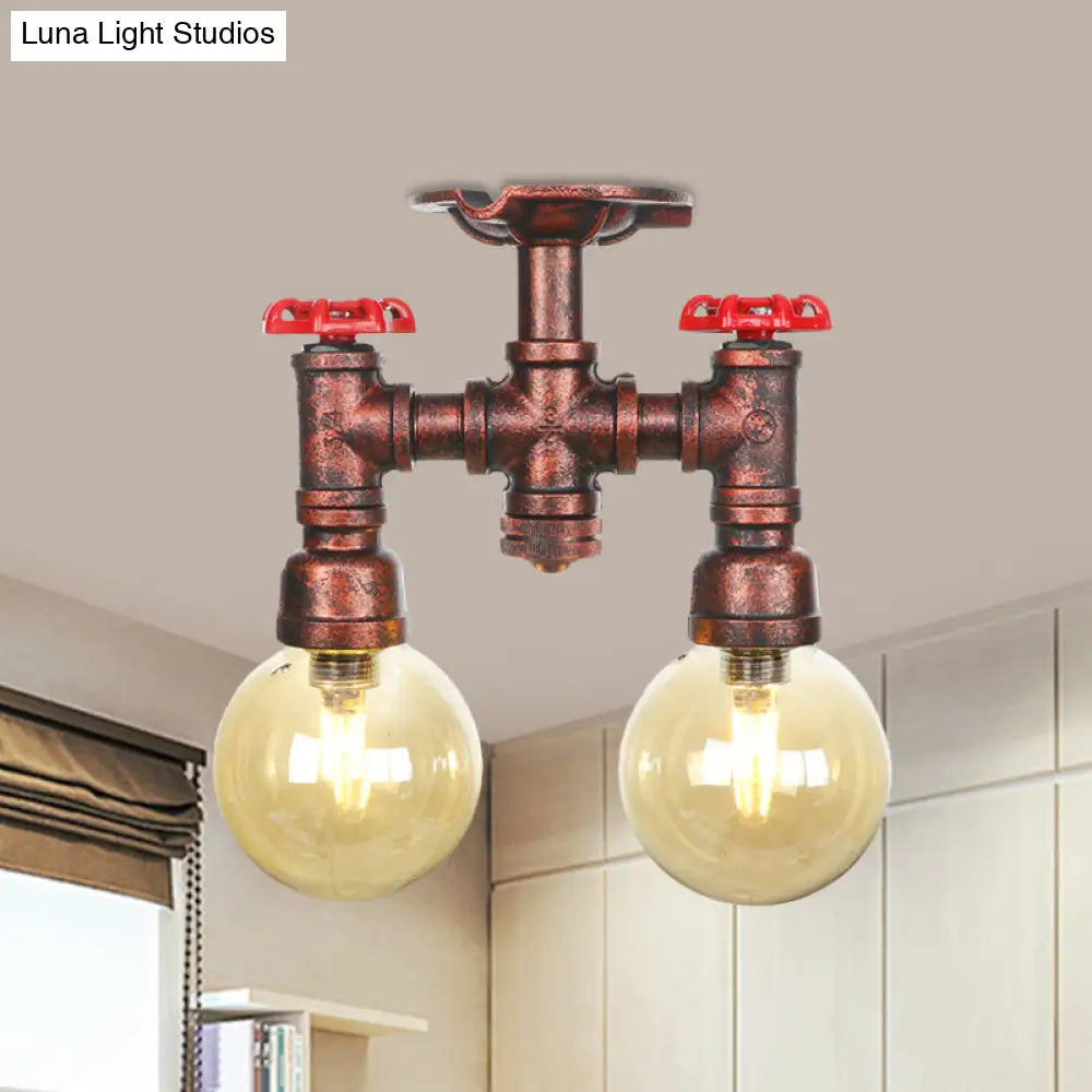 Rustic Amber Glass Semi Flush Light Fixture For Restaurants: Orb Design 2 Copper Lights