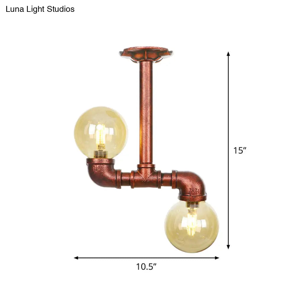 Rustic Amber Glass Semi Flush Light Fixture For Restaurants: Orb Design 2 Copper Lights