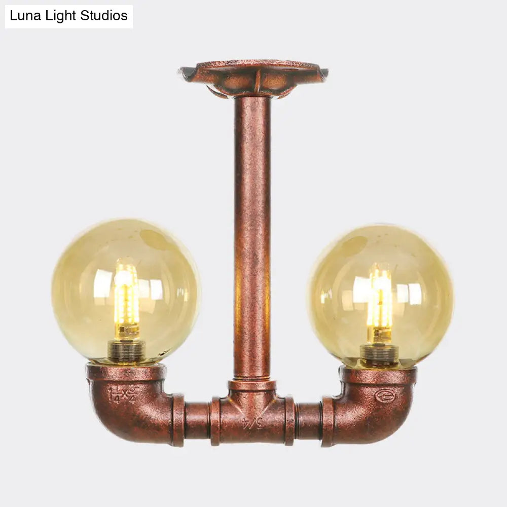 Rustic Amber Glass Semi Flush Light Fixture For Restaurants: Orb Design 2 Copper Lights