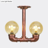 Rustic Amber Glass Semi Flush Light Fixture For Restaurants: Orb Design 2 Copper Lights