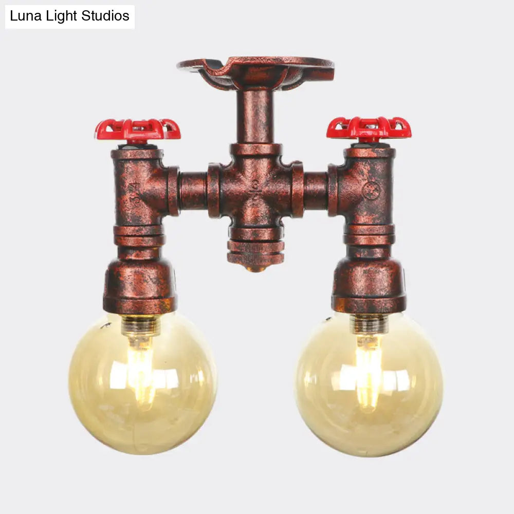 Rustic Amber Glass Semi Flush Light Fixture For Restaurants: Orb Design 2 Copper Lights