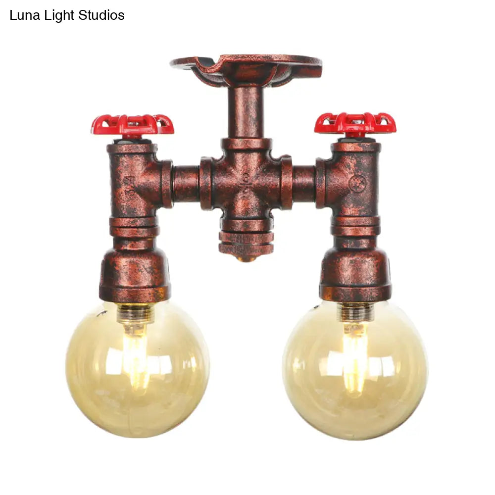 Rustic Amber Glass Semi Flush Light Fixture For Restaurants: Orb Design 2 Copper Lights