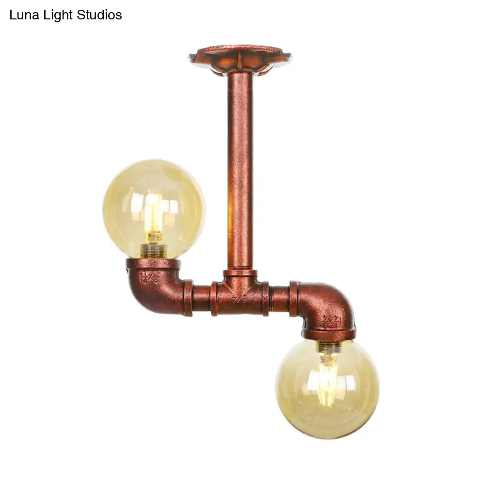 Rustic Amber Glass Semi Flush Light Fixture For Restaurants: Orb Design 2 Copper Lights