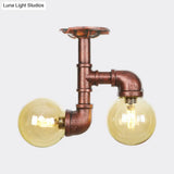 Rustic Amber Glass Semi Flush Light Fixture For Restaurants: Orb Design 2 Copper Lights