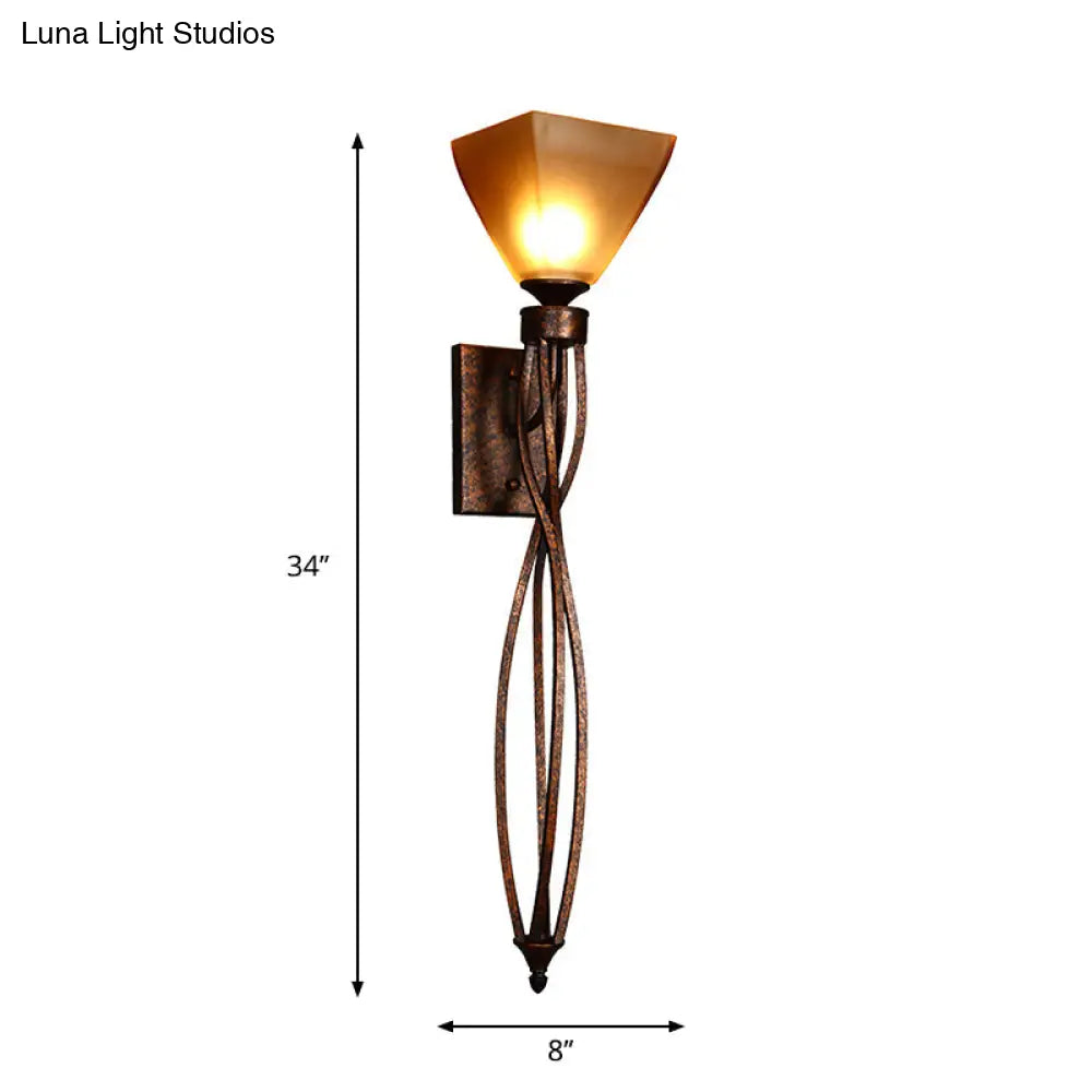 Rustic Amber Glass Trapezoid Corridor Wall Mounted Lamp - Single Light With Twisted Line Arm