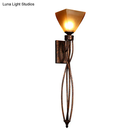 Rustic Amber Glass Trapezoid Corridor Wall Mounted Lamp - Single Light With Twisted Line Arm