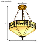 Rustic American Forest Deer Glass Ceiling Lamp - 11’/18’/22’ Wide Semi Flush Mount Light In Beige