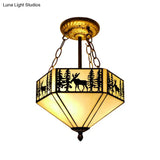 Rustic American Forest Deer Glass Ceiling Lamp - 11’/18’/22’ Wide Semi Flush Mount Light In Beige