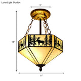 Rustic American Forest Deer Glass Ceiling Lamp - 11’/18’/22’ Wide Semi Flush Mount Light In Beige