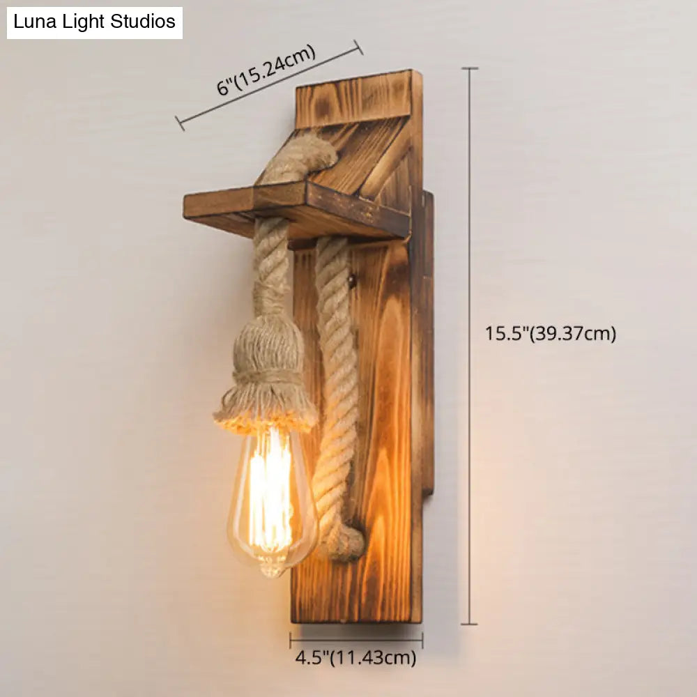 Rustic American Wooden Wall Sconce With Natural Rope Light For Restaurants & Coffee Shops