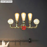 Rustic Antique Brass Metal Wall Mount Light With 3 Pipes Gauge And Valve Decoration