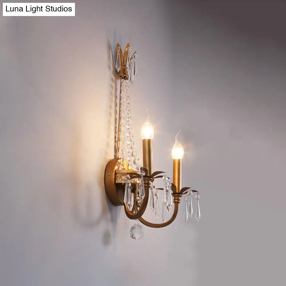 Rustic Antiqued Gold Iron Wall Mount Lighting With Crystal Accent - 2-Head Candlestick Lamp