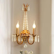 Rustic Antiqued Gold Iron Wall Mount Lighting With Crystal Accent - 2-Head Candlestick Lamp