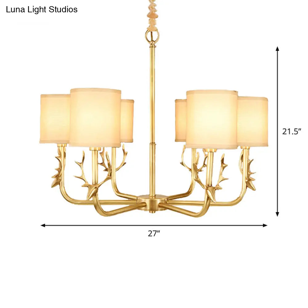 Rustic Antler Ceiling Light With Cylindrical Fabric Shade - Gold Finish 3/6/8 Bulbs